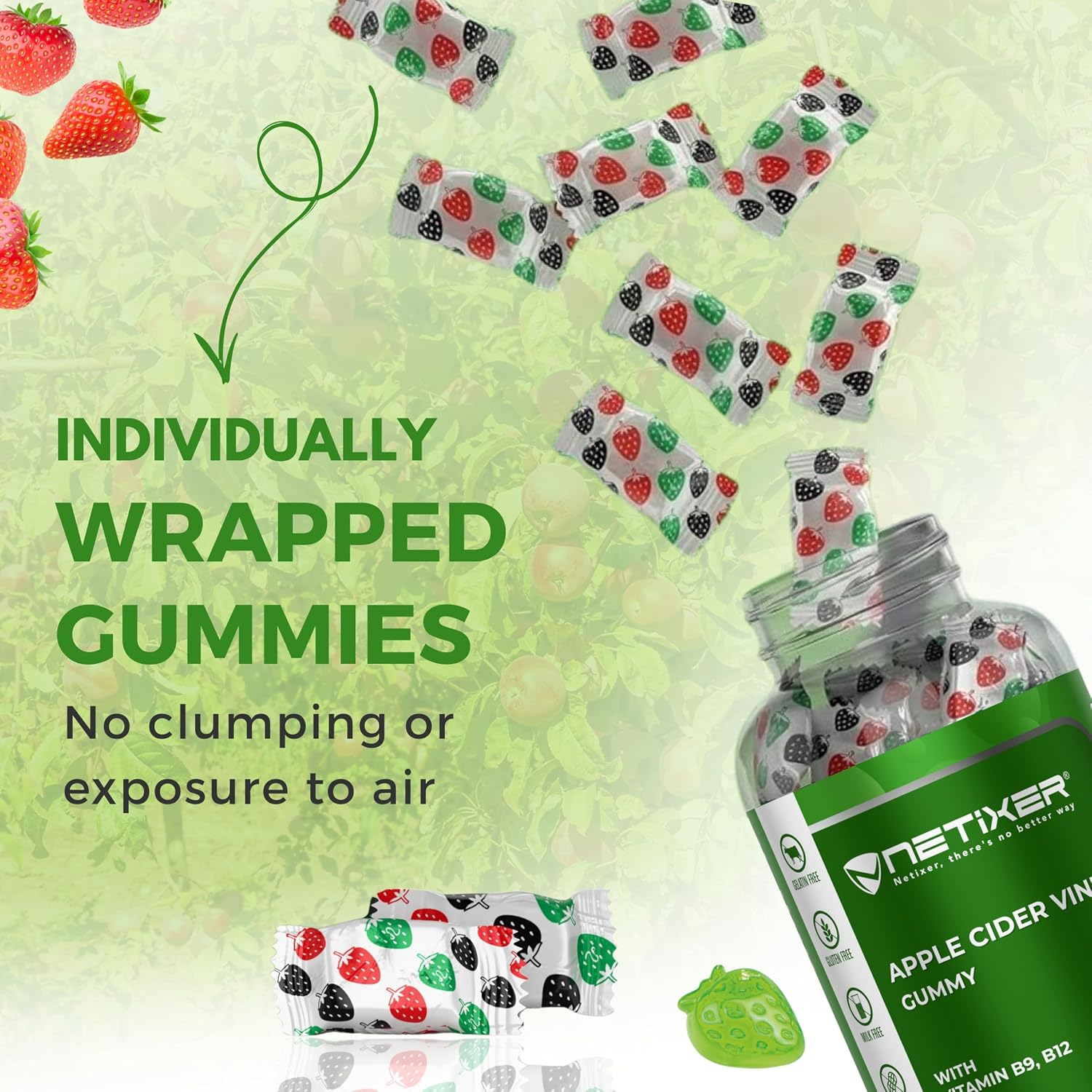 Apple Cider Vinegar Gummies – 350mg Apple Cider Vinegar per Gummy – with Vitamin B9 & B12 – Vegan Pectin Gummies – Individually Wrapped – 60 Gummies - görsel 6