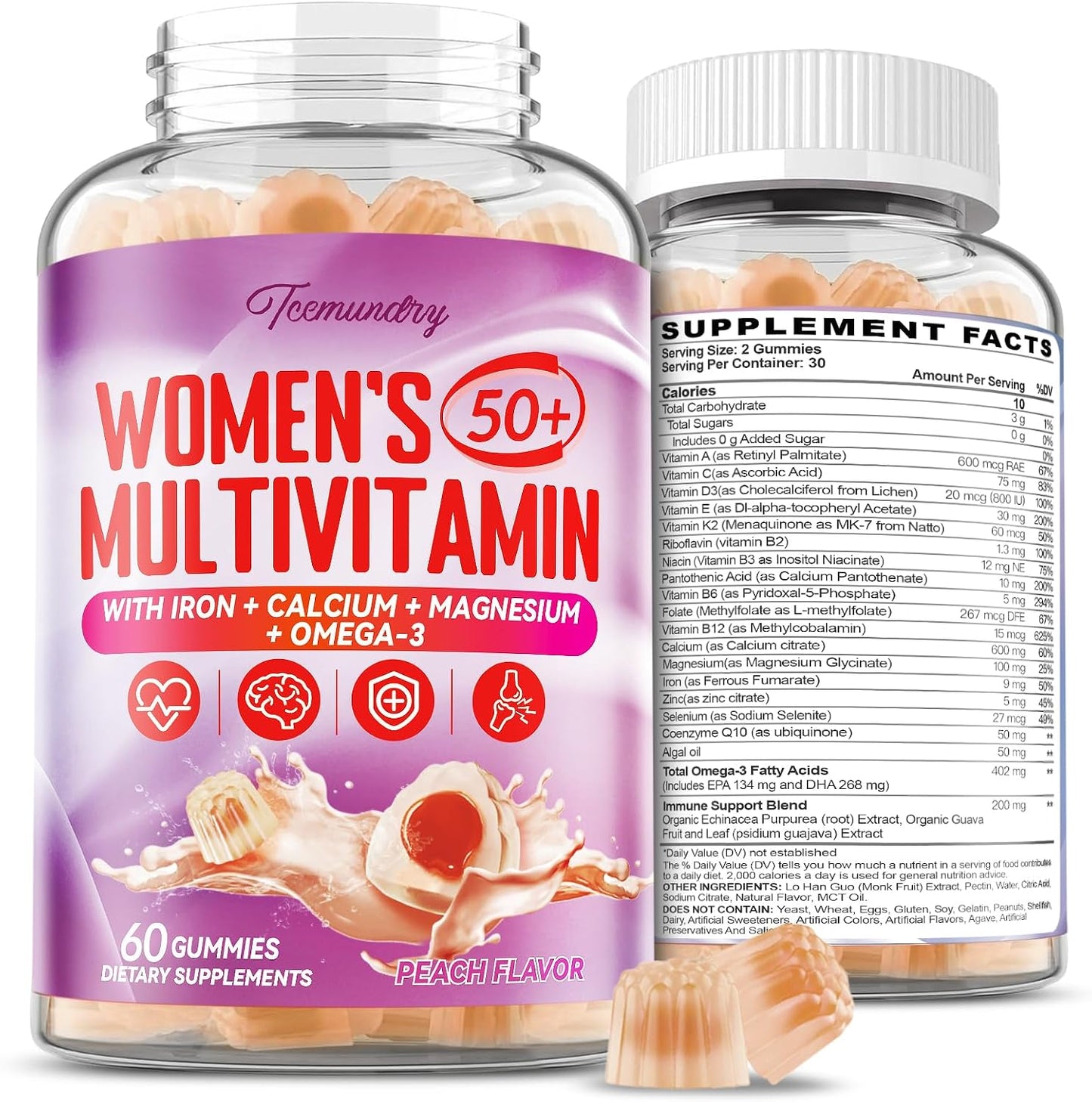 Multivitamin Gummies for Women's 50+ with Omega-3, Coenzyme Q10, Iron, Calcium, Zinc, Vitamin A, C, D3, E, K2, B Complex, Folate - Multi Vitamins & Minerals for Energy, Beauty, Immune - Pack of 2 - görsel 8