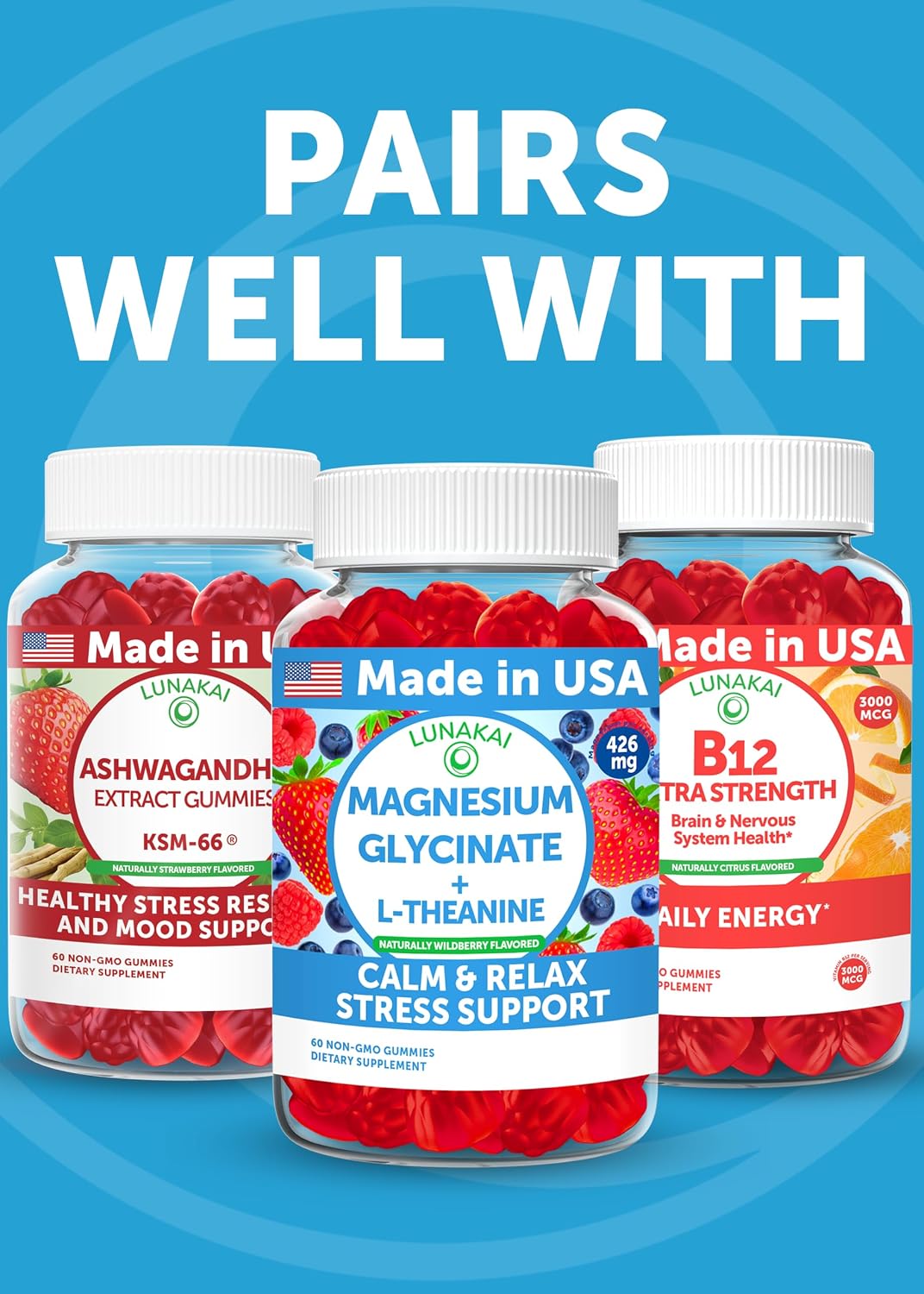 Lunakai USA Made Calm & Stress Relief Gummies – GABA + L-Theanine Supplement for Adults & Kids – 60 Count – Image 8