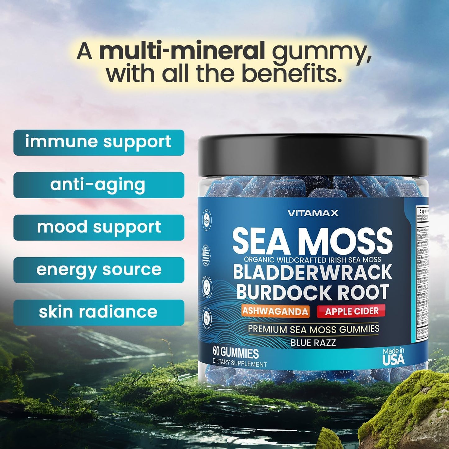 Vitamax Irish Sea Moss Gummies – Multi-Mineral Supplement with Sea Moss, Bladderwrack, Ashwagandha, Burdock Root & ACV – 60 Gummies - görsel 4