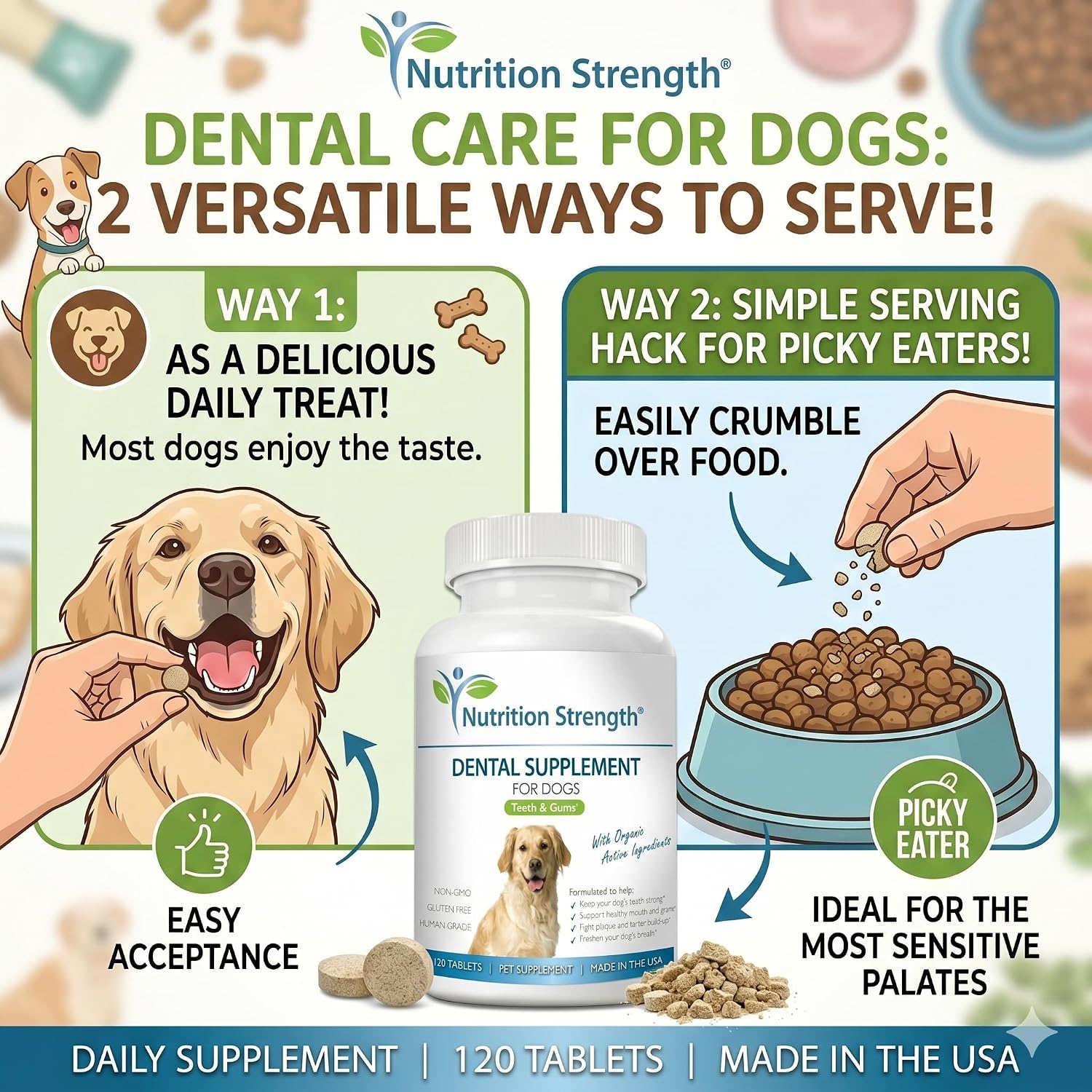 Nutrition Strength Dental Care for Dogs - Natural Plaque & Tartar Remover for Teeth - Fresh Breath Dog Supplement with Organic Kelp, Strawberry Leaf & Pumpkin Seed for Gum Health - 120 Tablets - görsel 7