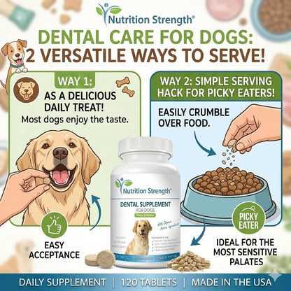Nutrition Strength Dental Care for Dogs - Natural Plaque & Tartar Remover for Teeth - Fresh Breath Dog Supplement with Organic Kelp, Strawberry Leaf & Pumpkin Seed for Gum Health - 120 Tablets