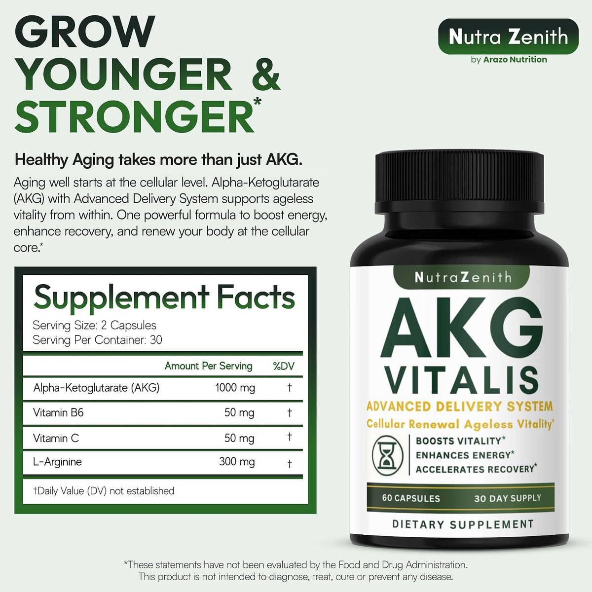 AKG Anti-Ageing & Energy Boost Supplement with Vitamin B6, Vitamin C & L-Arginine – 60 Capsules – Image 2