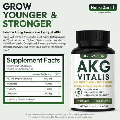 AKG Anti-Ageing & Energy Boost Supplement with Vitamin B6, Vitamin C & L-Arginine – 60 Capsules – Image 2