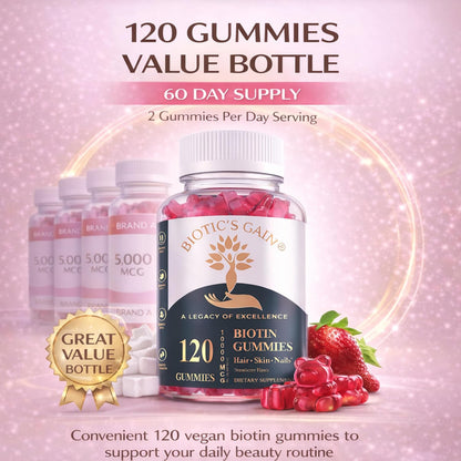 Biotic's Gain Biotin Gummies, 10,000 mcg, Hair Skin and Nail Support, with Vitamins A C D E B6 B12 and Zinc, Vegan, – Image 5