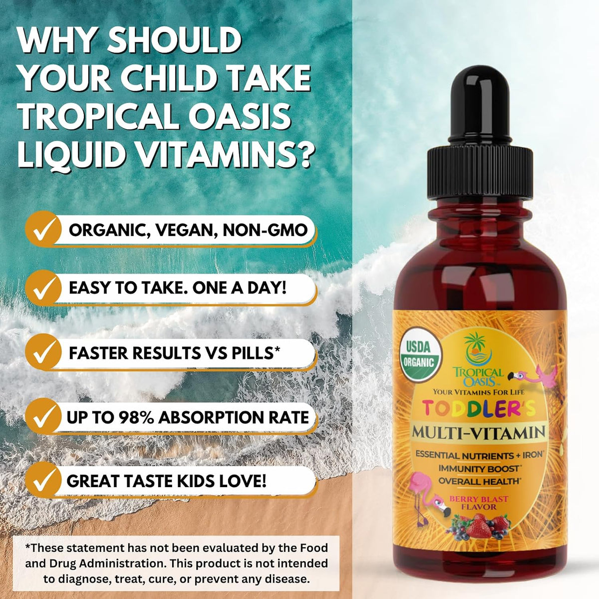 Tropical Oasis Organic Kids Multivitamin with Iron for Toddlers - Liquid Drops, 60 mL – Image 5