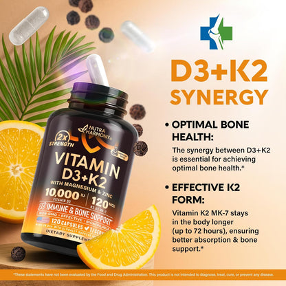 Vitamin D3 10000 IU & K2 (MK-7) with Magnesium, Zinc, Vitamin C & B12 – 120 Capsules – Image 4