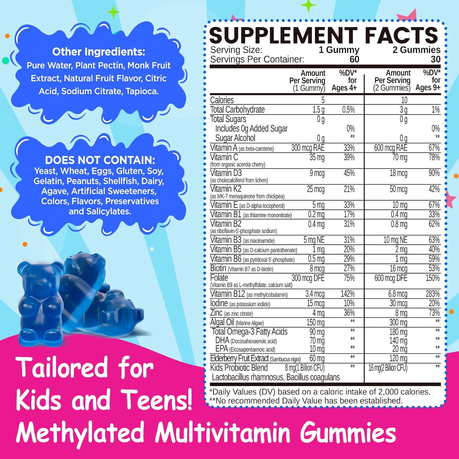 Kids Methylated Multivitamin - MTHFR Support, L-Methylfolate & B12, 13 Vitamins, Vegan Omega-3, Probiotics & Elderberry - görsel 6