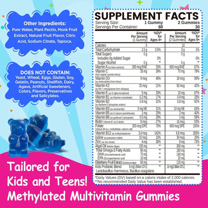 Kids Methylated Multivitamin - MTHFR Support, L-Methylfolate & B12, 13 Vitamins, Vegan Omega-3, Probiotics & Elderberry