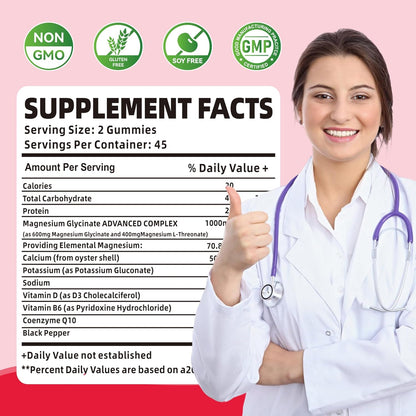 Magnesium Glycinate Gummies 1000mg with – Vitamin B6 (as pyridoxine) – Involved in over 100 enzyme reactions, – Image 4