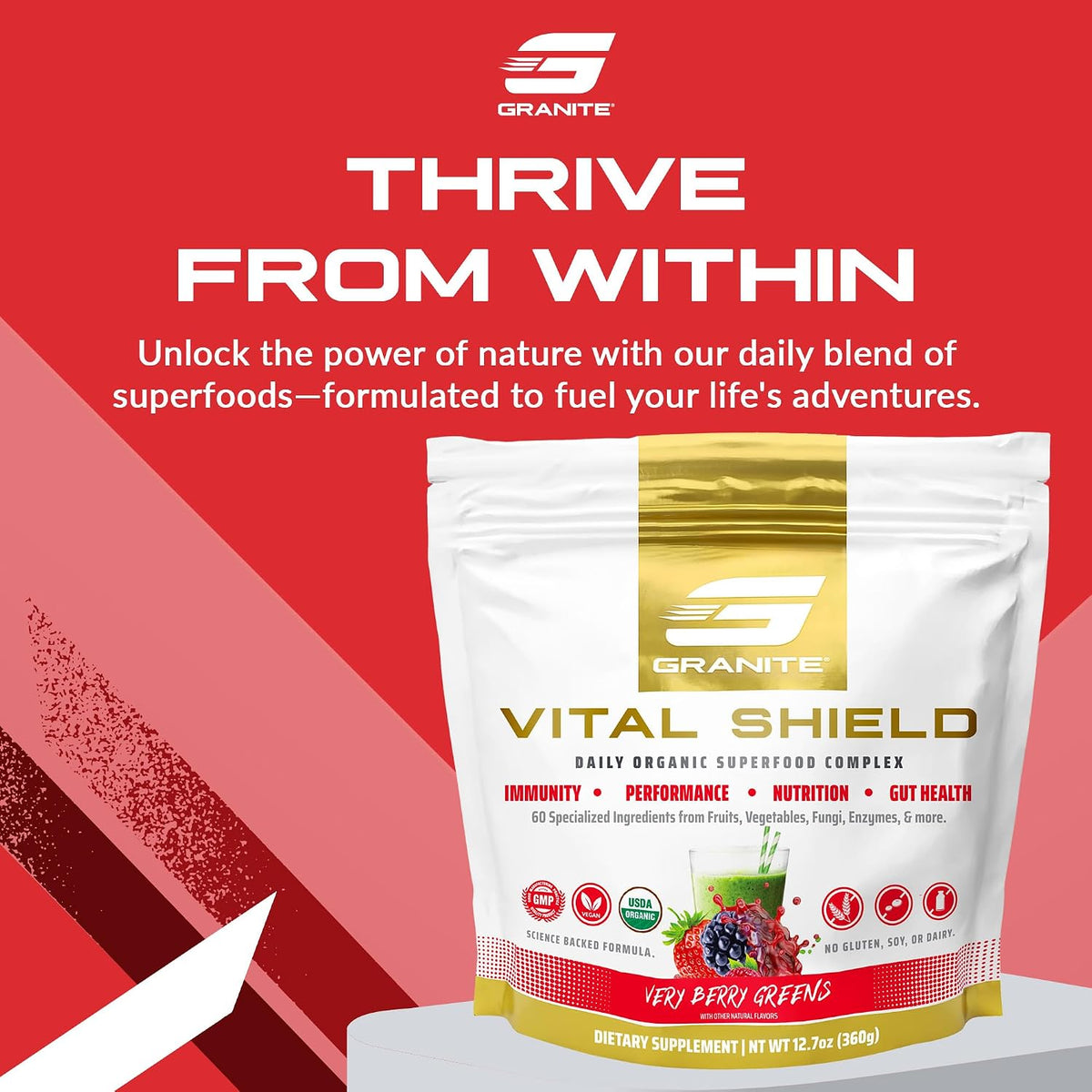 Granite Nutrition Vital Shield - USDA Organic Superfood Greens with Mushrooms & Tart Cherry for Energy, Immunity and Gut – Image 2