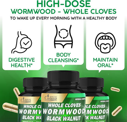 Cadane Wormwood Whole Cloves Black Walnut with Ginger, Garlic, Oregano, Fennel & Black Pepper – Digestive and Wellbeing Support – 120 Capsules (60-Day Supply)