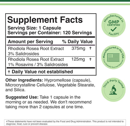 Rhodiola Rosea Supplement 500mg, 120 Vegan Capsules (3% Salidrosides, 1% Rosavins Extract) by Double Wood