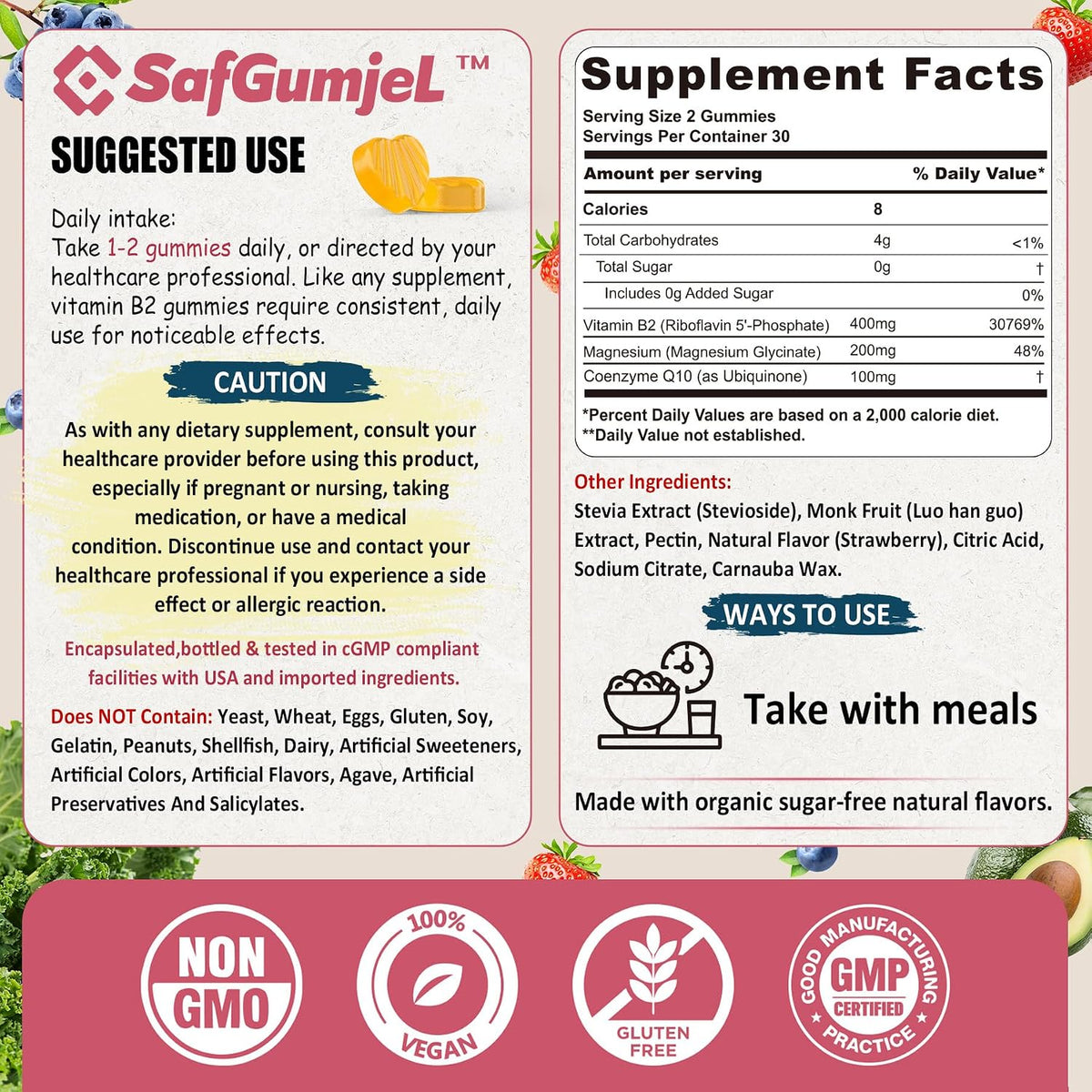 Vitamin B2 Gummies | Riboflavin 400mg with Magnesium & CoQ10 | Sugar-free, Vegan, Strawberry Flavour, 60 Count – Image 2