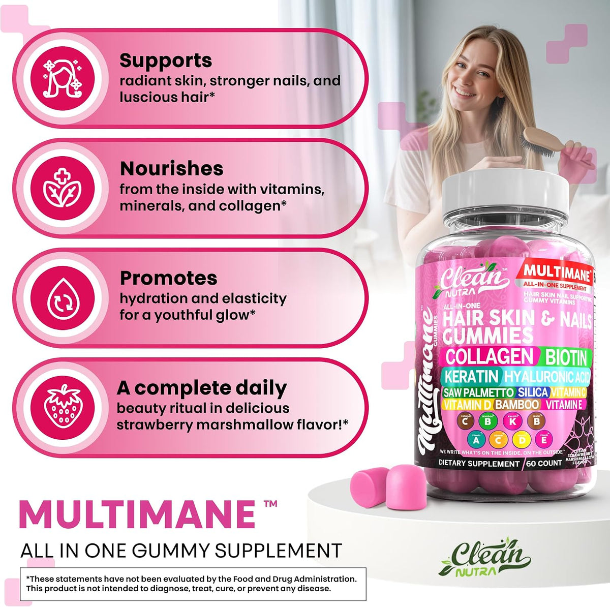 Clean Nutraceuticals Biotin Collagen Keratin Gummies | Hair, Skin and Nails Vitamins for Women's | Hyaluronic Acid Bamboo – Image 5