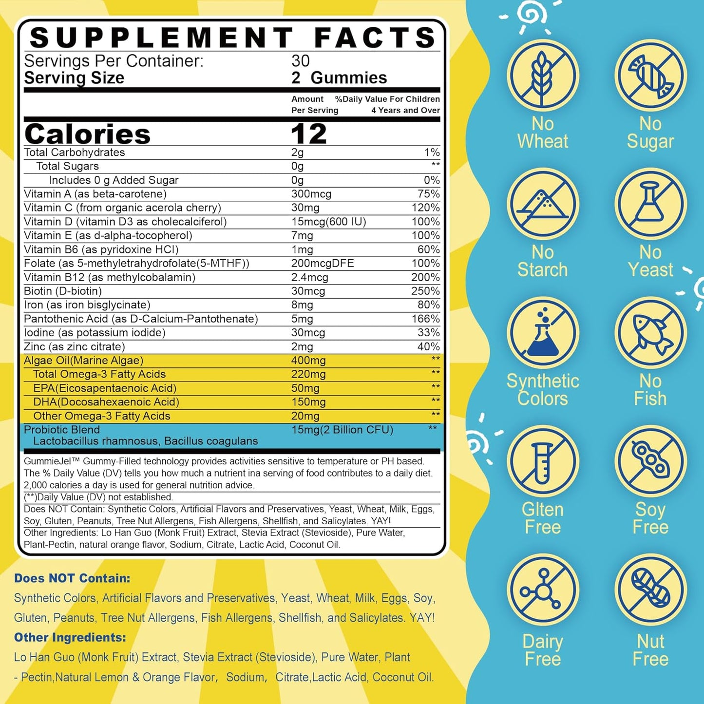 Kids Multivitamin Gummies with Iron – Sugar-free – Daily Vitamins + Probiotics & Algae Omega 3 - görsel 2