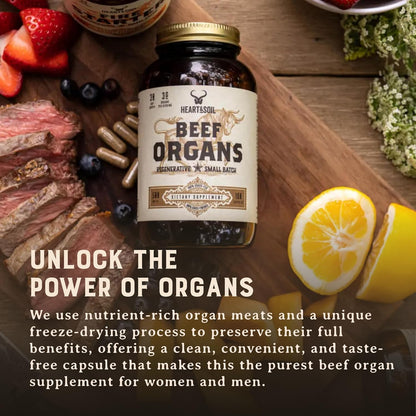HEART & SOIL 100% Grass Fed Beef Organs Supplement (Liver, Heart, Kidney, Pancreas & Spleen) – 3000mg – 180 Capsules