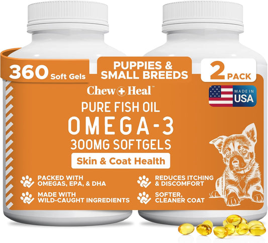 Wild Caught Omega 3 Fish Oil for Dogs - 300mg Mini Softgel Capsules for Healthy Skin and Coat - 360 Dog Fish Oil Pills for – Image 1