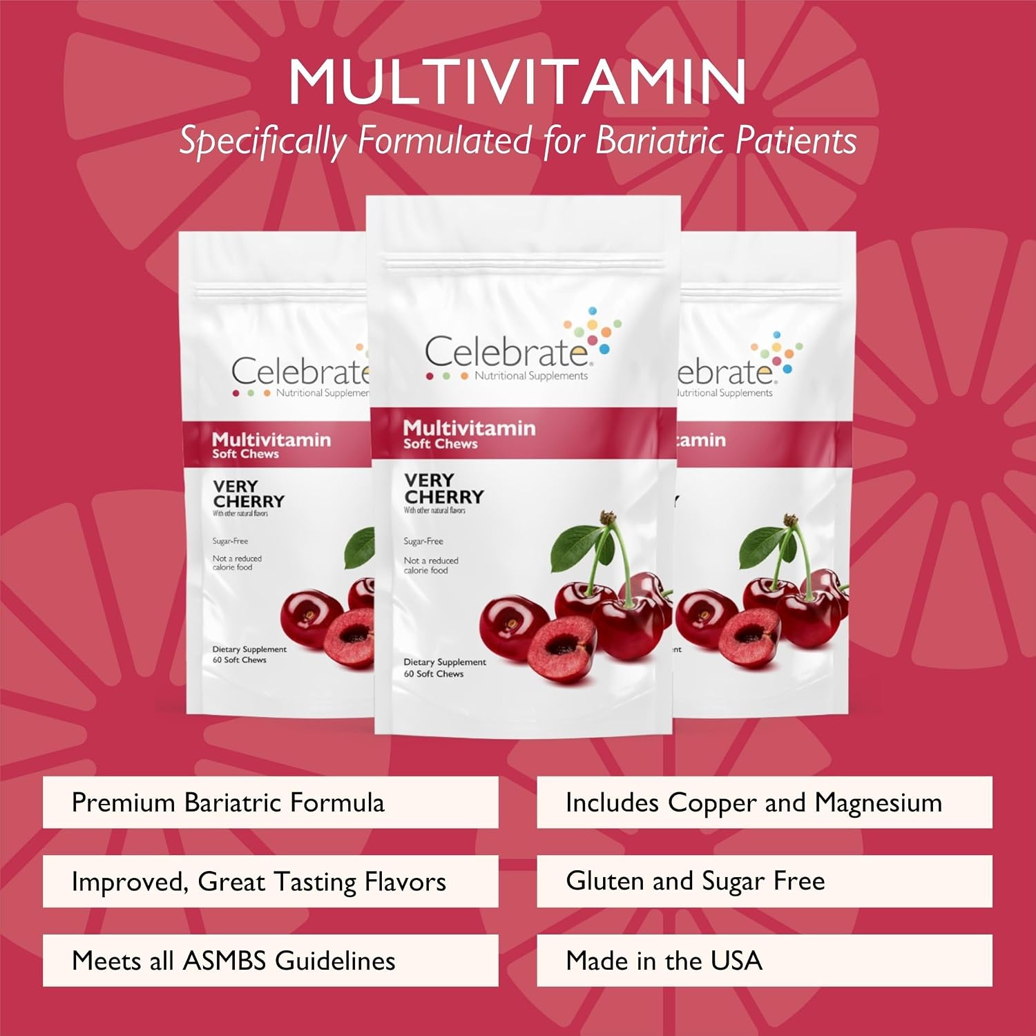 Celebrate Vitamins Bariatric Multivitamin Soft Chews - Essential Vitamins & Minerals, Sugar & Gluten free - Gastric Bypass & Sleeve Gastrectomy Supplement - Cherry (180ct) - görsel 2