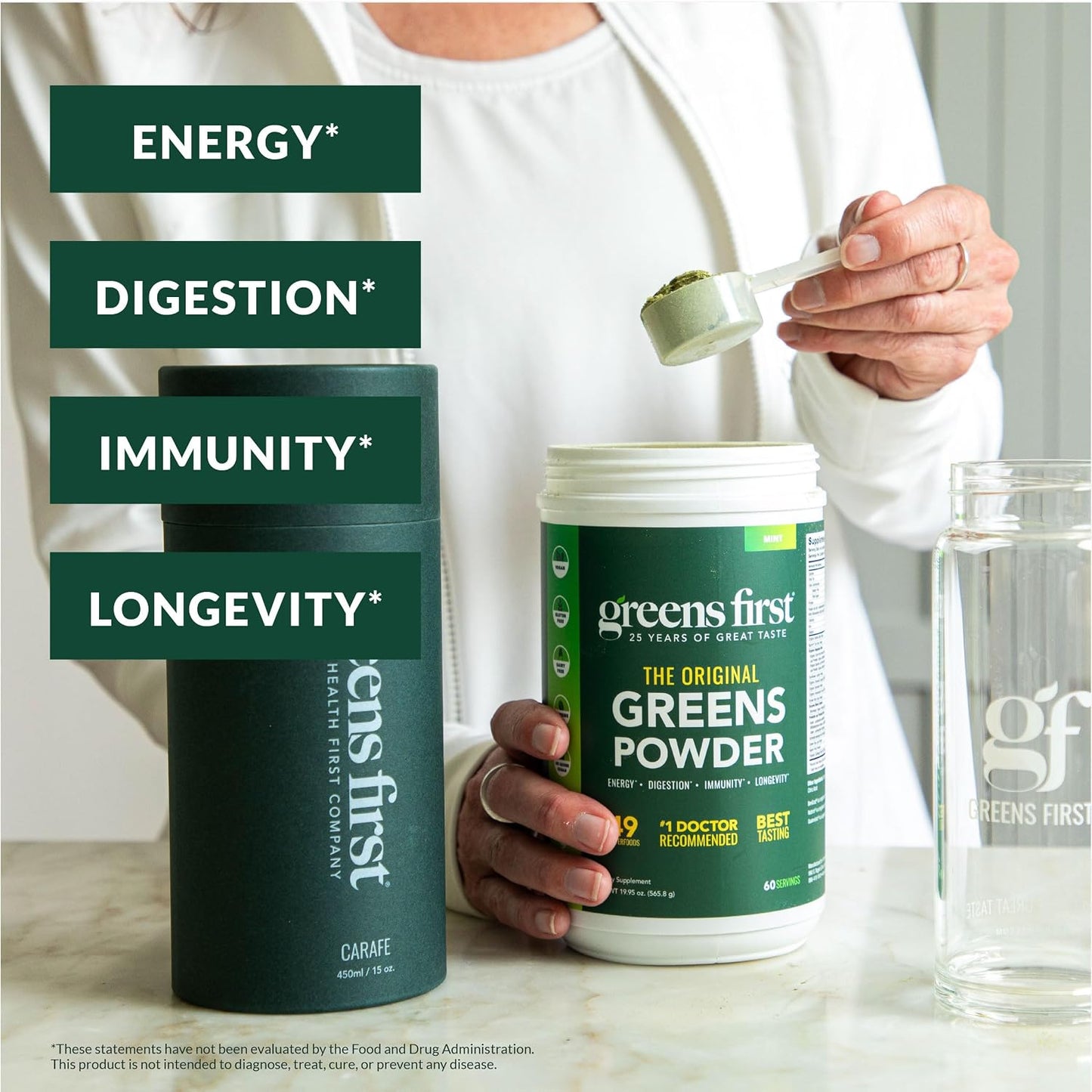 Greens First Gift Set – Organic Greens Powder Mint & Limited Edition Glass Carafe (30 Serves) - görsel 2