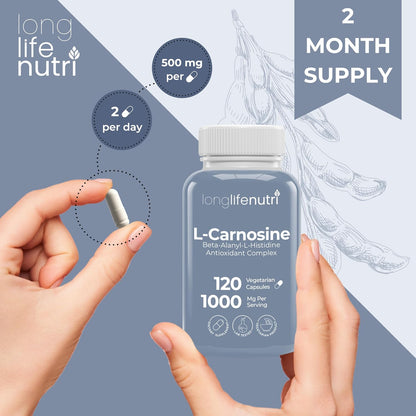 LongLifeNutri L-Carnosine 1000mg – Beta-Alanyl-L-Histidine for Cellular Energy & Brain Clarity, 120 Veg Capsules – Image 5