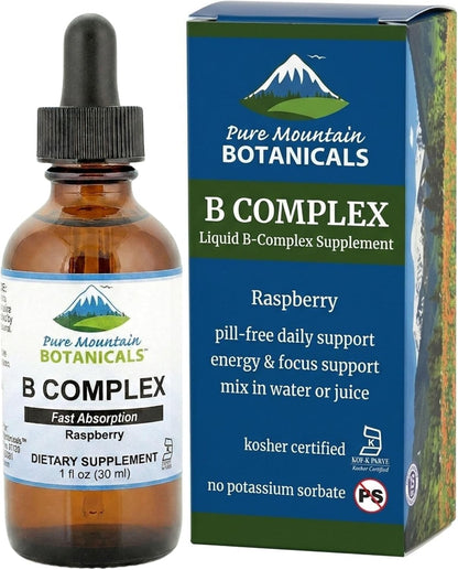 Pure Mountain Botanicals Liquid Vitamin B Complex - B12 B6 Drops - Raspberry Flavour - Kosher Non-GM - 30 Servings