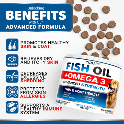 Omega 3 Fish Oil for Dogs - 170 Chews - Skin and Coat Supplement - Omega 3 for Dogs - Dry & Itchy Skin Relief - Allergy Support - Anti Shedding Treats - Salmon - EPA & DHA - Chicken Flavour