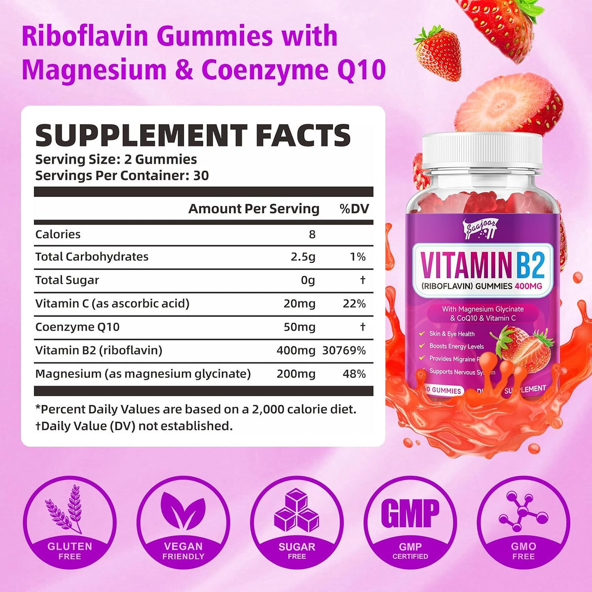 Vitamin B2 Gummies - Riboflavin 400 mg with Magnesium & CoQ10 - Strawberry Flavour, 60 Gummies – Image 2