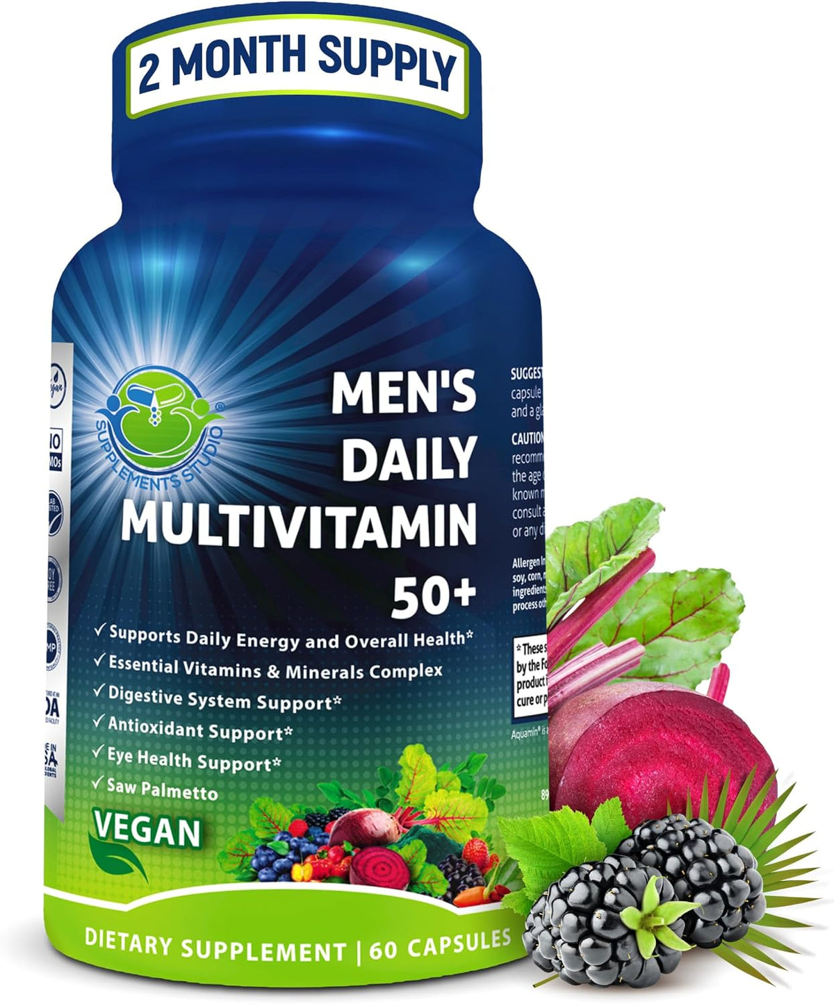 Men's Daily Multivitamin 50 Plus – Vegan Methylated Multivitamin for Men 50+ with Saw Palmetto, Biotin, Organic Superfoods, – Image 1