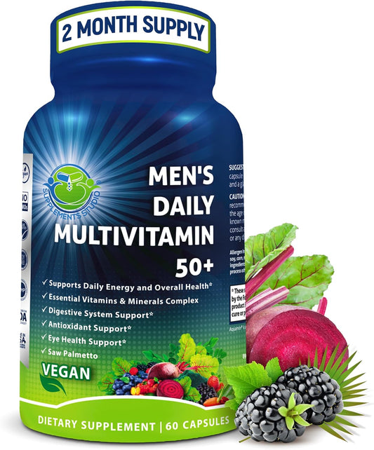Men's Daily Multivitamin 50 Plus – Vegan Methylated Multivitamin for Men 50+ with Saw Palmetto, Biotin, Organic Superfoods, – Image 1