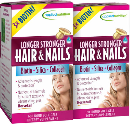 Applied Nutrition Longer Stronger Hair & Nails - 60 Liquid Soft-Gels (Pack of 4) - Biotin, Silica & Collagen - 120 Servings