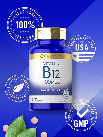 Carlyle Vitamin B12 100mcg | 200 Tablets | Vegan, Non-GM, Gluten free Supplement