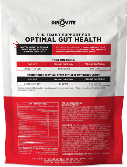 Dinovite Probiotics for Dogs, Probiotic Powder Food Topper for Large Dogs (over 20 kg), Daily Digestive Health & Skin Support with Omega-3s, 30 Servings