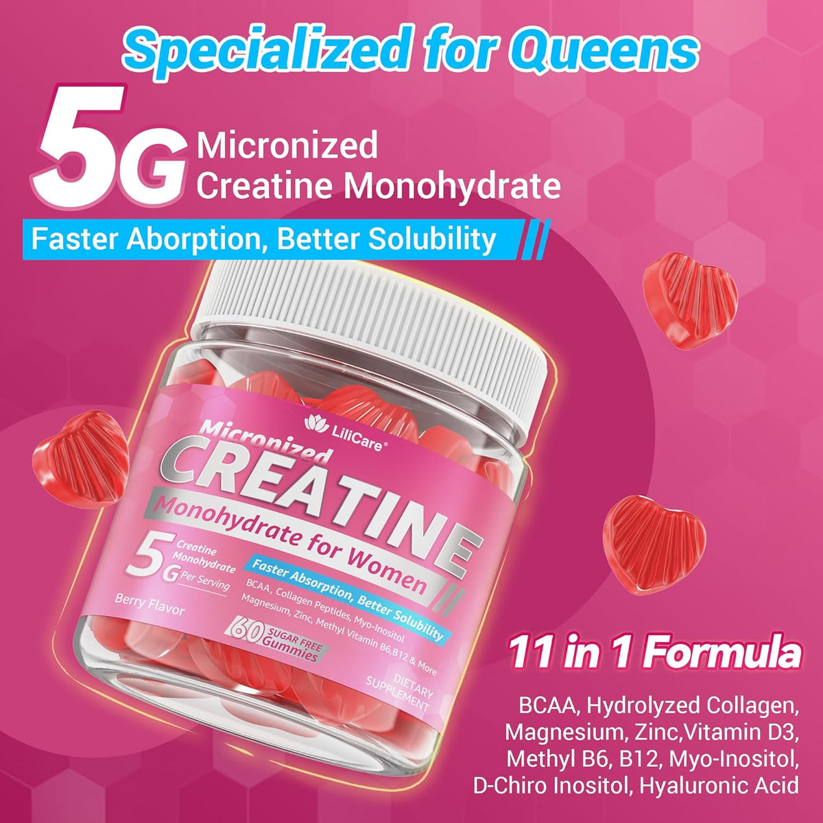 Creatine for Women's Gummies: Micronised – Added myo-inositol, collagen, BCAAs, hyaluronic acid, vitamin B6, B12 – Image 3