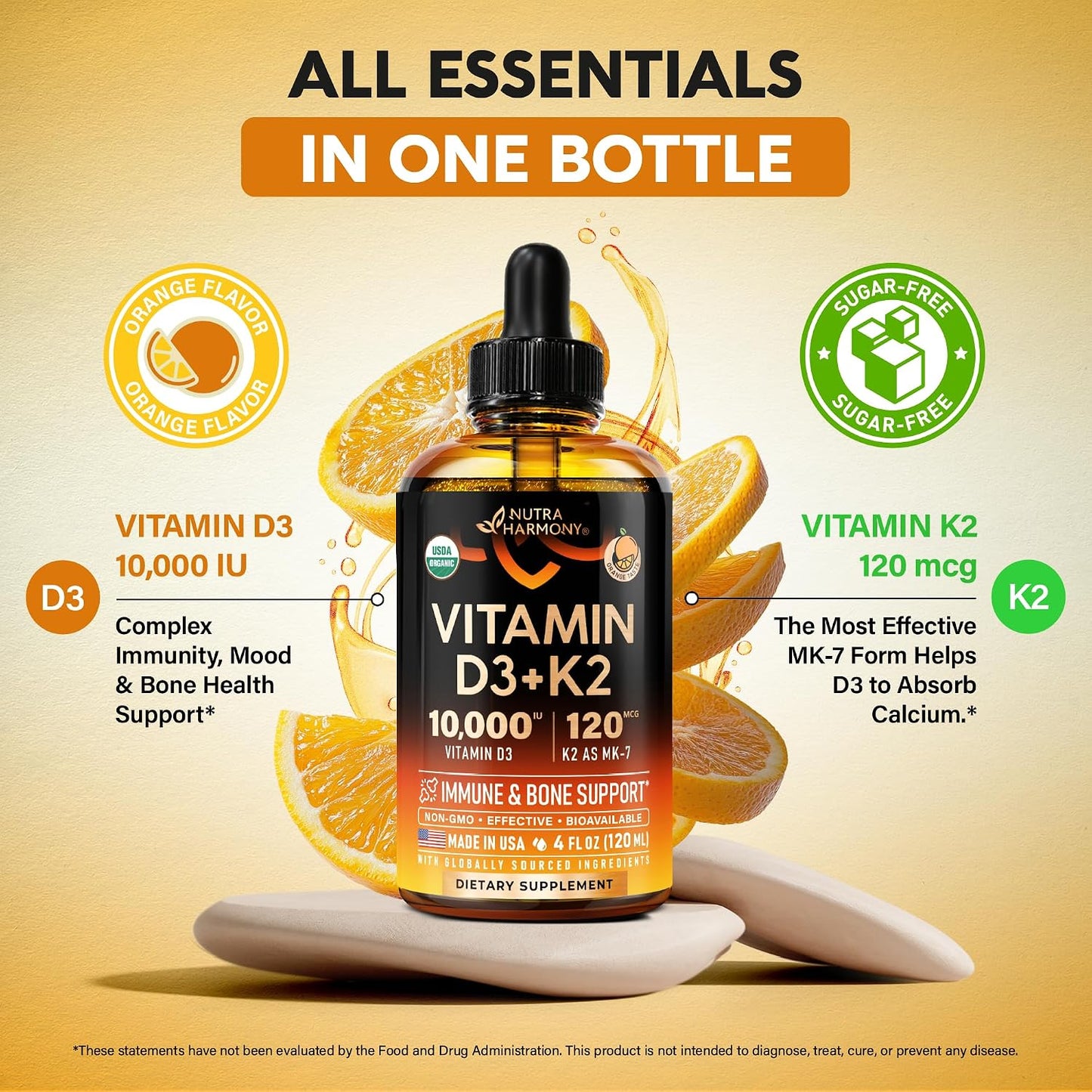 Vitamin D3 K2 USDA Organic Drops, 10000 IU D3 & 120 mcg K2 MK-7, Orange Flavour, 120ml (120-Day Supply) - görsel 5