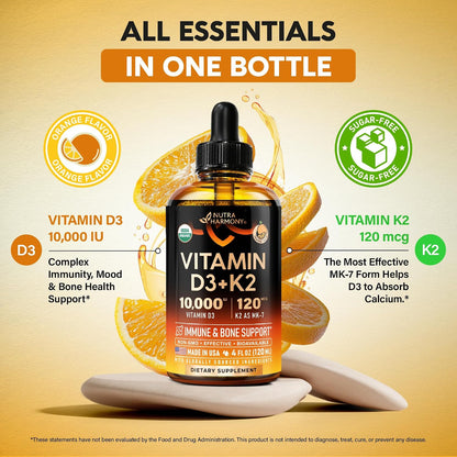 Vitamin D3 K2 USDA Organic Drops, 10000 IU D3 & 120 mcg K2 MK-7, Orange Flavour, 120ml (120-Day Supply)