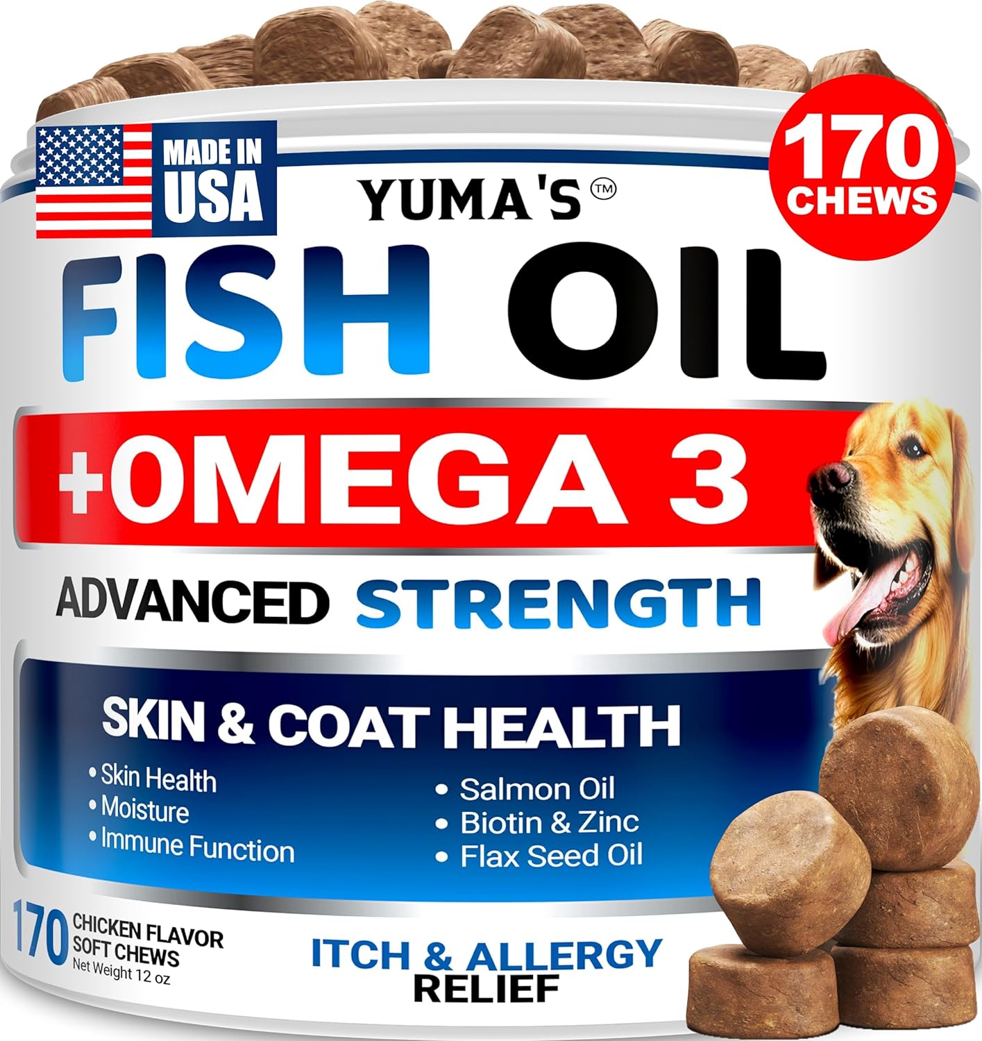 Omega 3 Fish Oil for Dogs - 170 Chews - Skin and Coat Supplement - Omega 3 for Dogs - Dry & Itchy Skin Relief - Allergy Support - Anti Shedding Treats - Salmon - EPA & DHA - Chicken Flavour - görsel 1