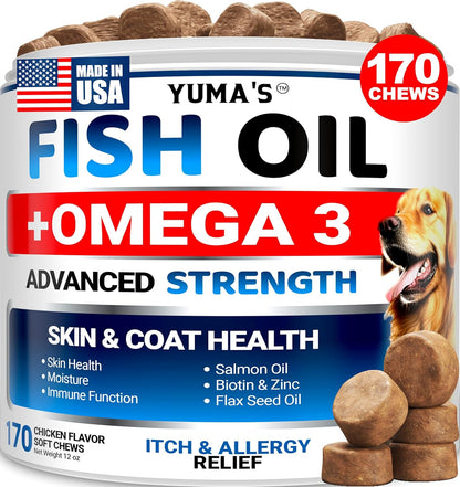 Omega 3 Fish Oil for Dogs - 170 Chews - Skin and Coat Supplement - Omega 3 for Dogs - Dry & Itchy Skin Relief - Allergy Support - Anti Shedding Treats - Salmon - EPA & DHA - Chicken Flavour