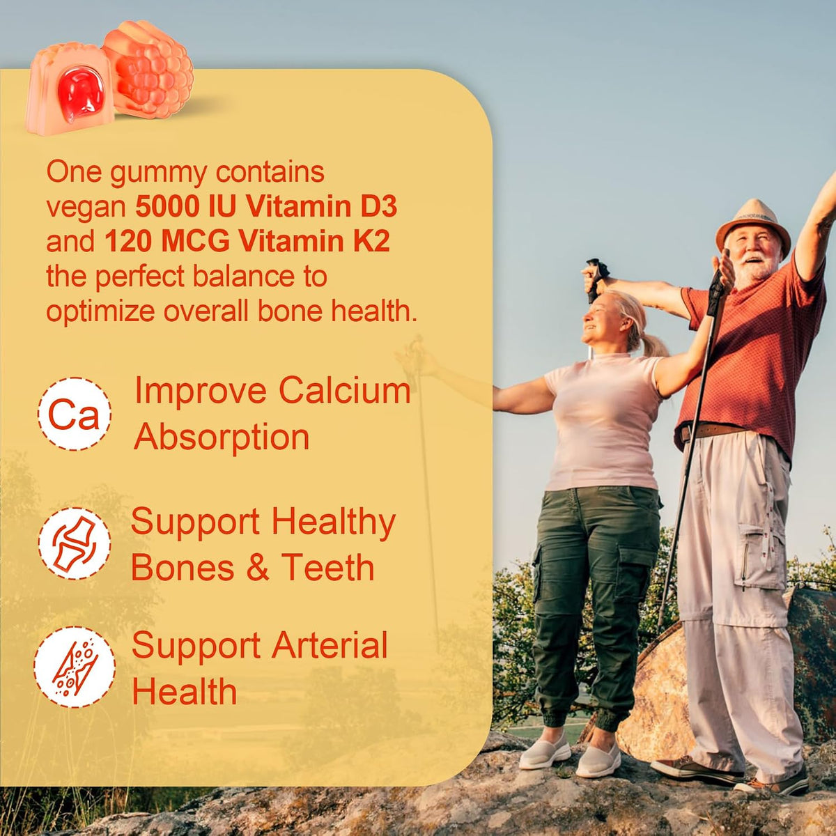 Vitamin D3 5000IU + K2 (MK-7) 120mcg Gummies – Heart Health: By helping direct calcium to bones, vitamin K2 – Image 3