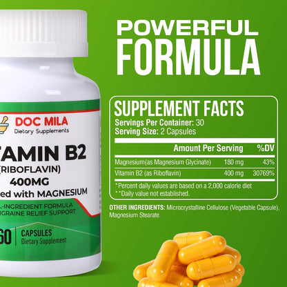 Doc Mila Vitamin B2 Riboflavin 400mg Capsules – Vegan Supplement for Energy & Nervous System Support – 60 Capsules – Image 2