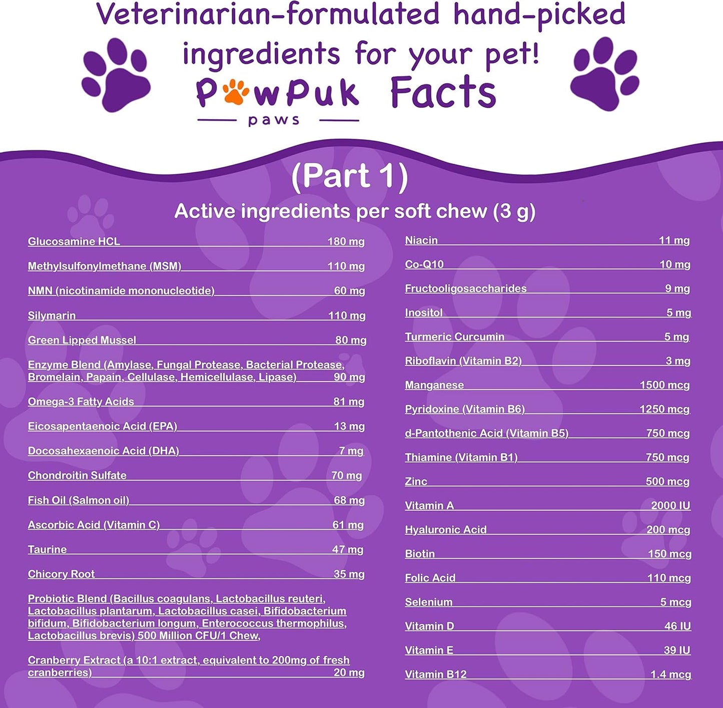 PawPuk Paws Multifunctional Dog Supplements - Silymarin, Glucosamine, MSM, Green Lipped Mussel, Salmon Oil, Probiotics, Co-Q10, NMN - Immune, Joint, Skin & Digestive Support - görsel 4