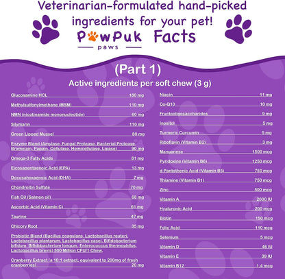 PawPuk Paws Multifunctional Dog Supplements - Silymarin, Glucosamine, MSM, Green Lipped Mussel, Salmon Oil, Probiotics, Co-Q10, NMN - Immune, Joint, Skin & Digestive Support
