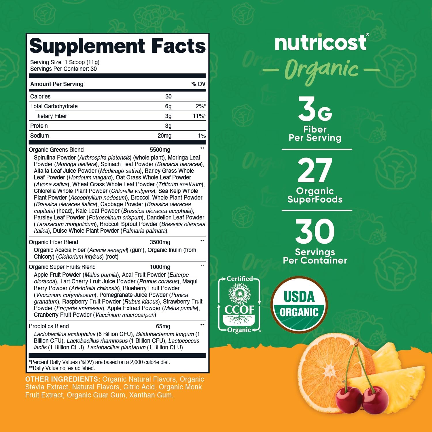 Nutricost Organic Super Greens Powder (30 Servings) Orange Sunrise Flavour - Superfood Supplement Drink Mix - görsel 2