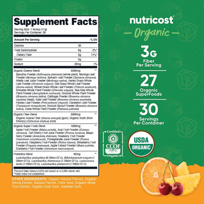 Nutricost Organic Super Greens Powder (30 Servings) Orange Sunrise Flavour - Superfood Supplement Drink Mix
