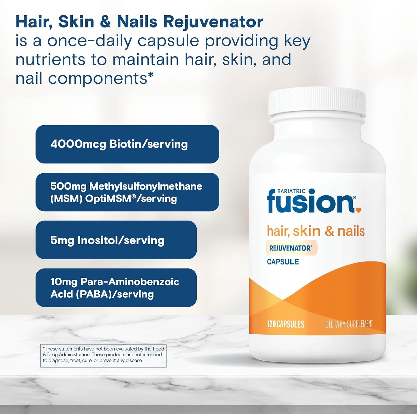 Bariatric Fusion ONE Per Day Hair, Skin and Nails Vitamins REJUVENATOR – Vegan Hair Growth Vitamins with Biotin, Vitamin B12, and B1 – Easy to Swallow – 120 Capsules - görsel 5