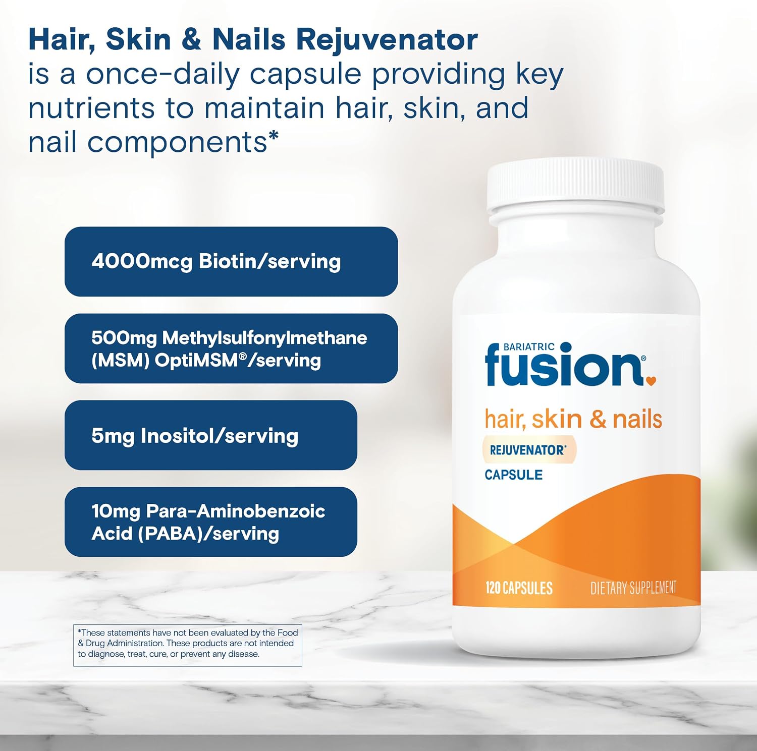Bariatric Fusion ONE Per Day Hair, Skin and Nails Vitamins REJUVENATOR – Vegan Hair Growth Vitamins with Biotin, Vitamin B12, and B1 – Easy to Swallow – 120 Capsules - görsel 5