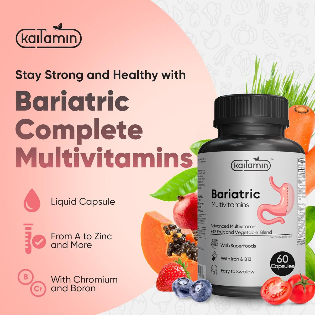 Kaitamin Bariatric Vitamins for Gastric Sleeve & Bypass with Iron, 60 Capsules – Image 8