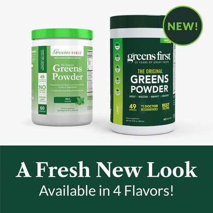 Greens First Original Greens Powder - 49 Superfoods - Organic Fruits & Vegetables - Prebiotics, Probiotics & Digestive Enzymes - Antioxidant Smoothie - Dairy-free, Vegan & Non-GM (Mint, 60 Servings)
