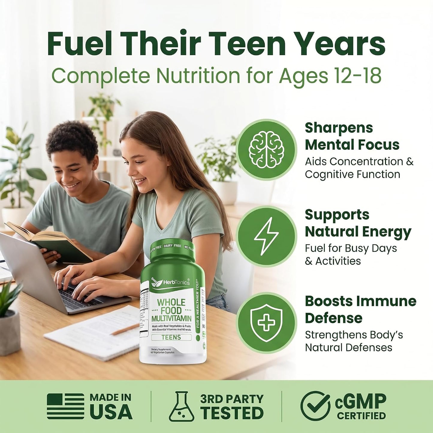 Herbtonics Wholefood Teen Vitamins - Multivitamin for Boys & Girls Ages 12-18 - Energy, Focussed and Immune Support - 60 Capsules - görsel 2