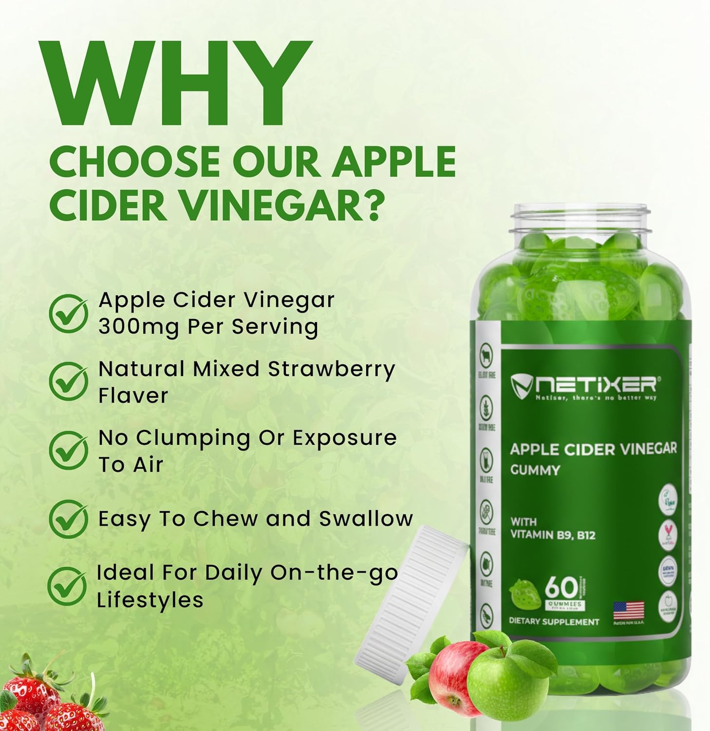 Apple Cider Vinegar Gummies – 350mg Apple Cider Vinegar per Gummy – with Vitamin B9 & B12 – Vegan Pectin Gummies – Individually Wrapped – 60 Gummies - görsel 7